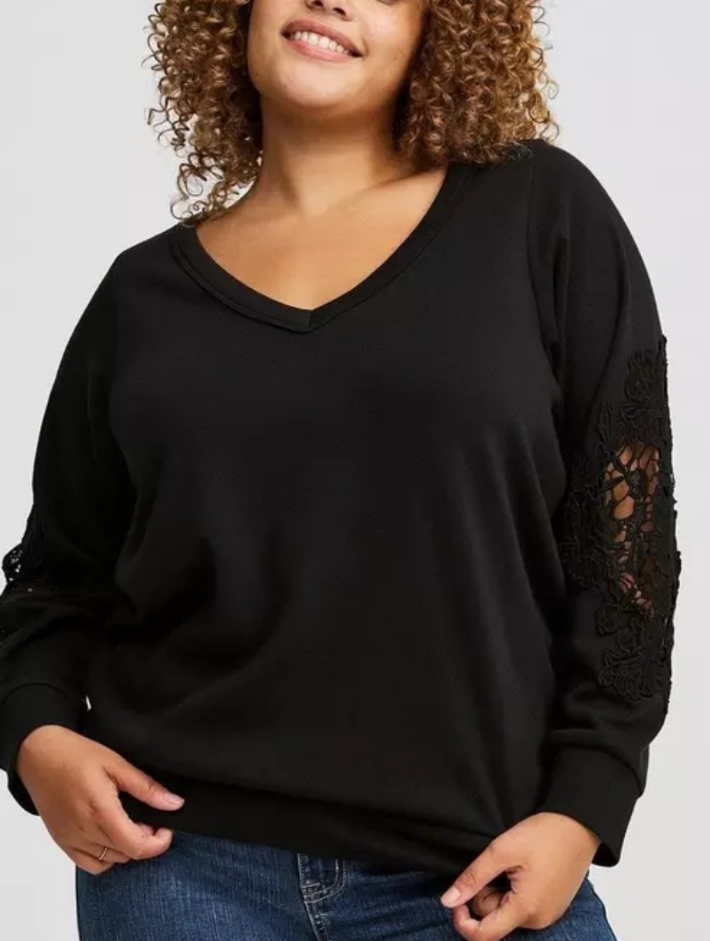 5X • Torrid • Cozy Fleece V-Neck Sweatshirt with Crochet Lace Sleeve Detail